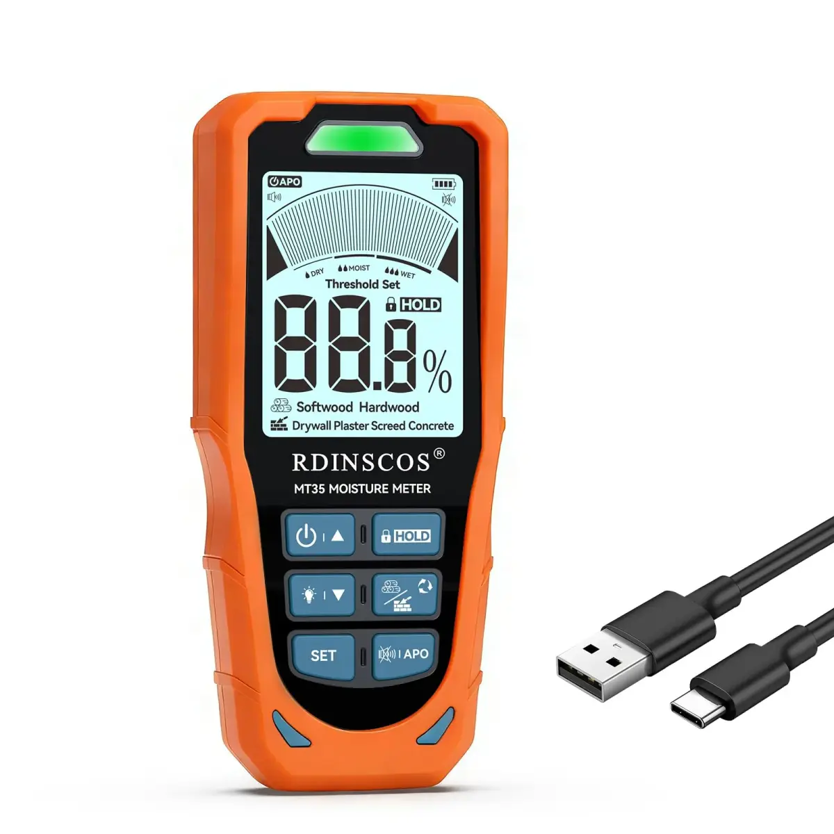 RDINSCOS Pinless Moisture Meter MT35, 6 Modes for Wood, Drywall, Concrete | 19mm Depth, Rechargeable - main product image