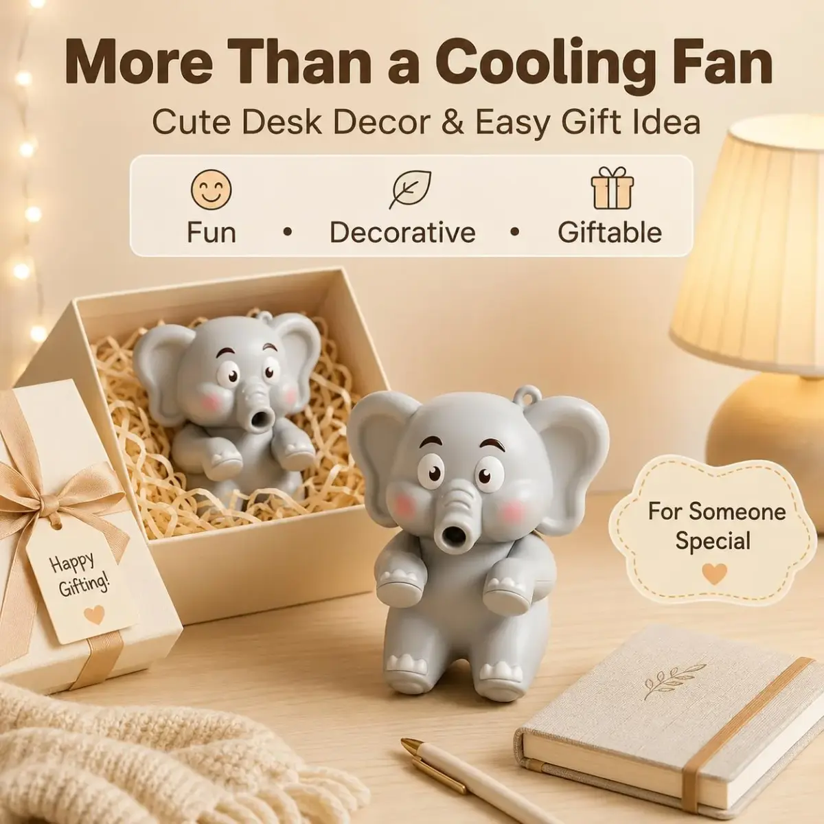 MIZSXF Cute Elephant Cooling Clip-On Mini Fan 8cm (3.15in) | 3-Speed Rechargeable for Cups & Bowls - view 6