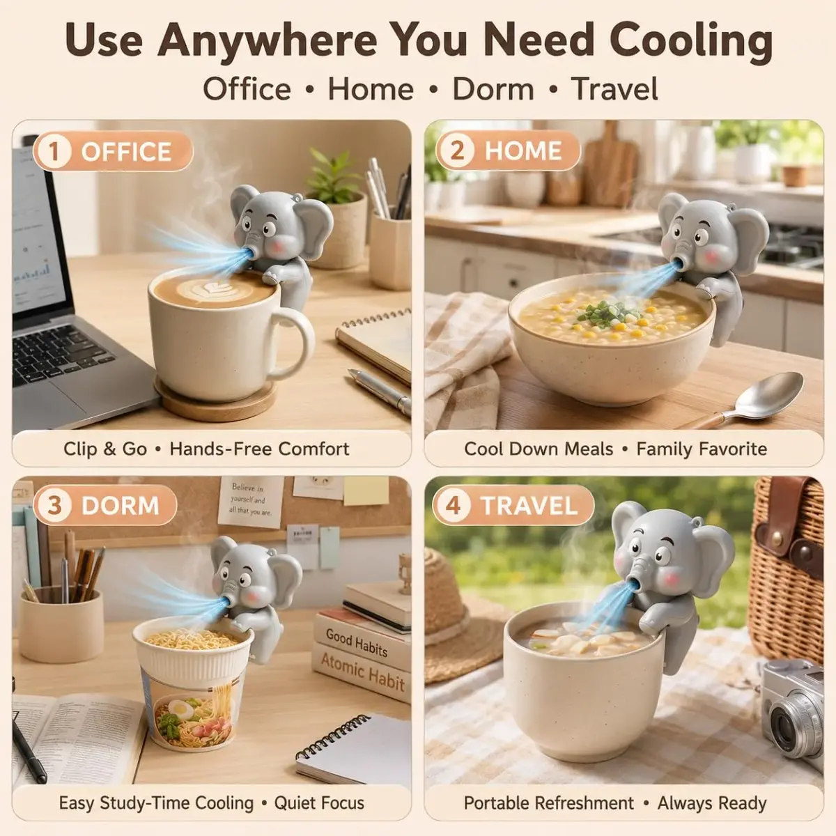 MIZSXF Cute Elephant Cooling Clip-On Mini Fan 8cm (3.15in) | 3-Speed Rechargeable for Cups & Bowls - view 7
