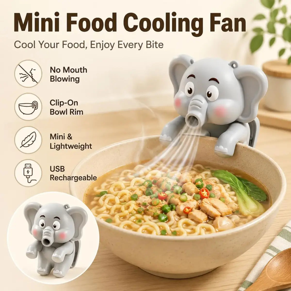 MIZSXF Cute Elephant Cooling Clip-On Mini Fan 8cm (3.15in) | 3-Speed Rechargeable for Cups & Bowls - view 2
