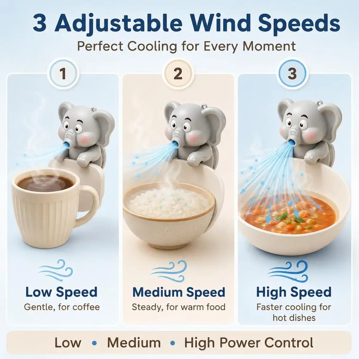 MIZSXF Cute Elephant Cooling Clip-On Mini Fan 8cm (3.15in) | 3-Speed Rechargeable for Cups & Bowls - view 3