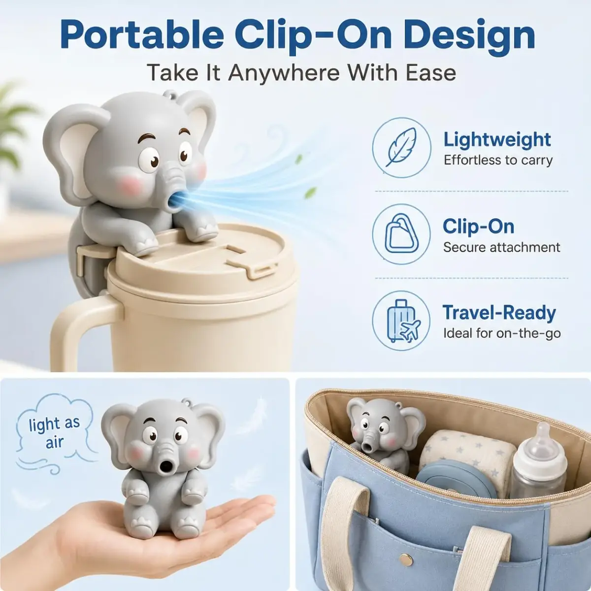 MIZSXF Cute Elephant Cooling Clip-On Mini Fan 8cm (3.15in) | 3-Speed USB Rechargeable for Hot Food & Drinks - view 4