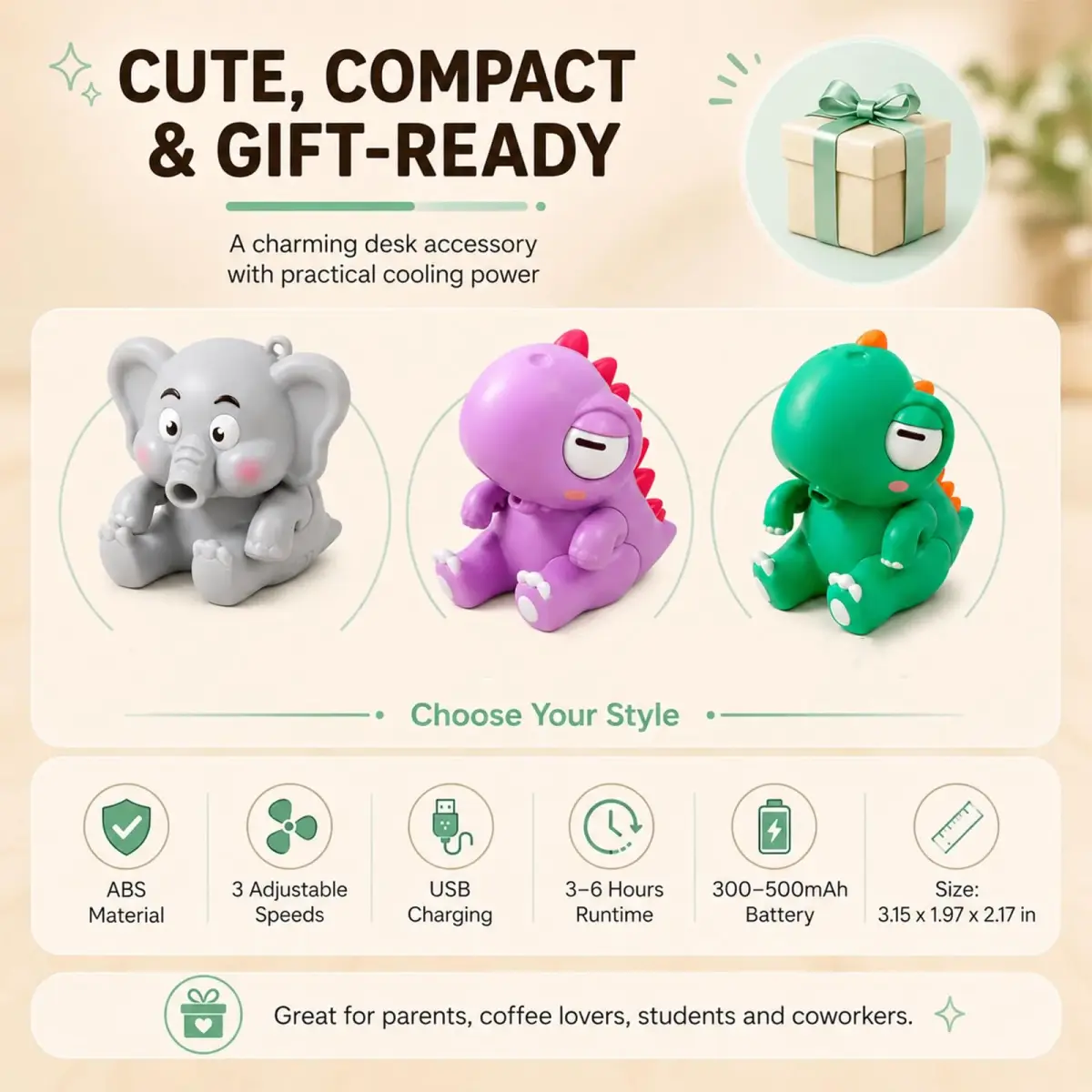 UWYJK Cute Elephant Cooling Fan 8cm (3.15in) | Rechargeable Clip-On for Cups & Bowls - view 7