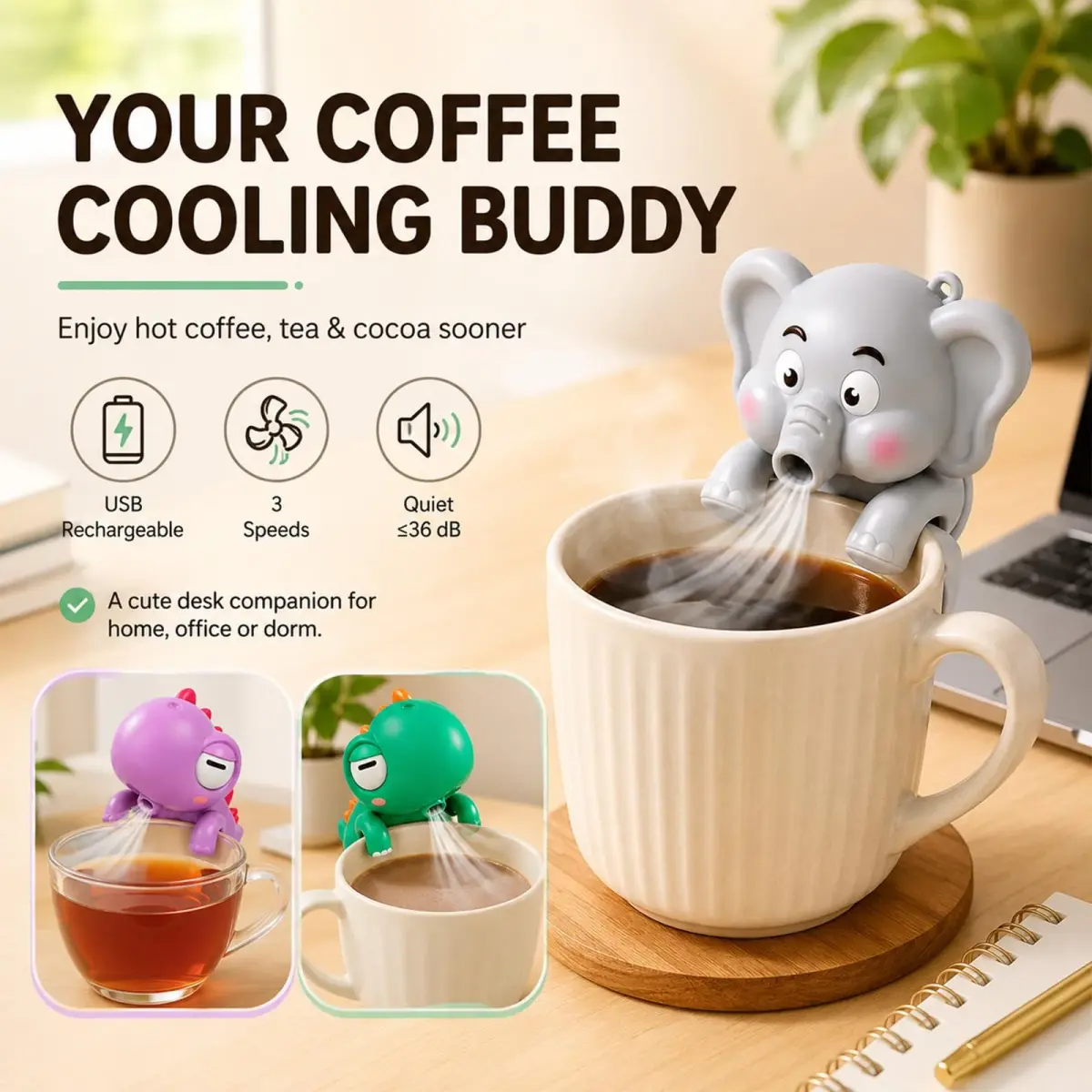 UWYJK Elephant Clip-On Mini Fan for Cups & Bowls, Rechargeable 3-Speed Portable Beverage Chiller 8cm (3.15in) | Quiet Operation ≤36dB - view 4