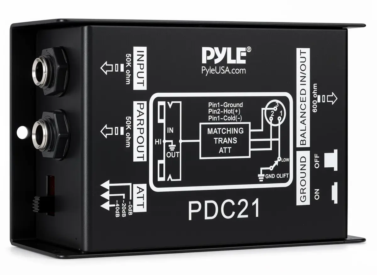 Pyle Premium Direct Injection Audio Box - Passive DI Unit Hum Eliminator with Input Attenuator, 1/4'' Connector to XLR, Black (1-Pack) - main product image
