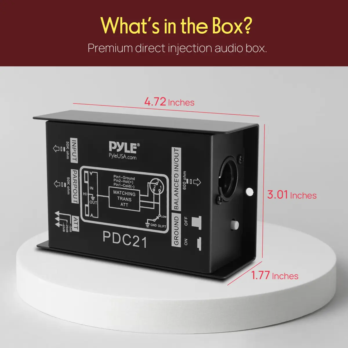 Pyle Premium Direct Injection Audio Box - Passive DI Unit Hum Eliminator with Input Attenuator, 1/4'' Connector to XLR, Black (1-Pack) - view 2