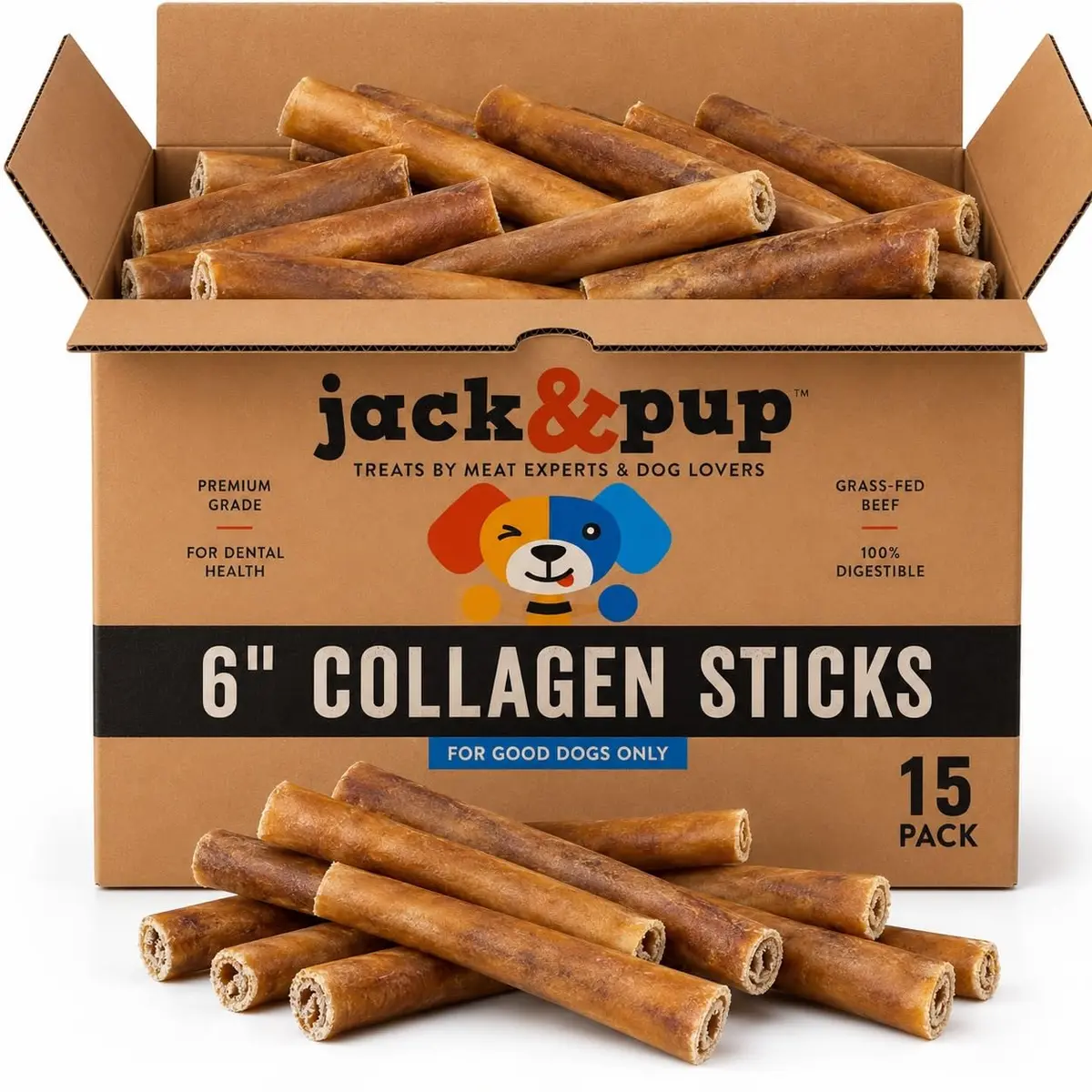 Jack&Pup Collagen Sticks for Dogs 15 Count | Long Lasting Beef Collagen Chews for Large Dogs - main product image