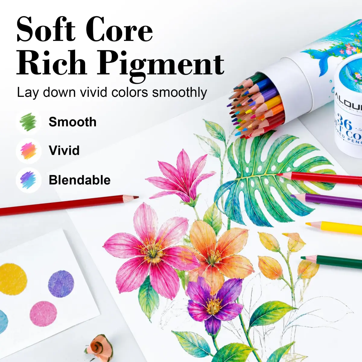 KALOUR 36 Colors Soft Core Colored Pencils Set, 20 cm (7.87 in) | Blendable & High Pigment for Artists - view 2