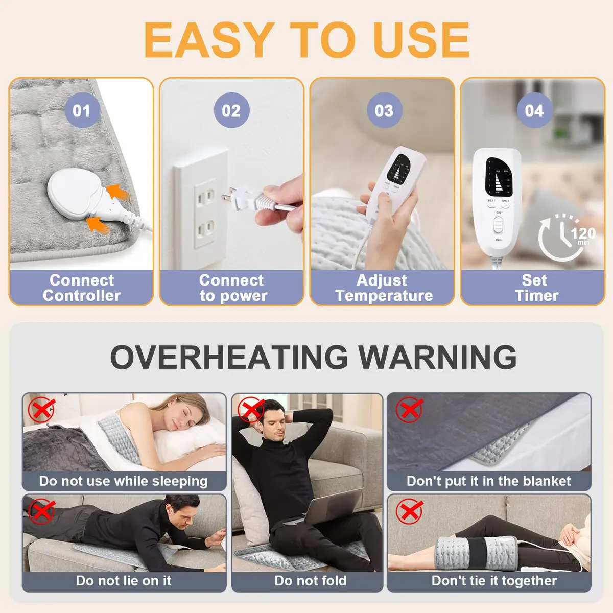 Deepsoon Electric Heating Pad 24x12 Inch Silvergray | 6 Heat Settings & 4 Timer - view 6