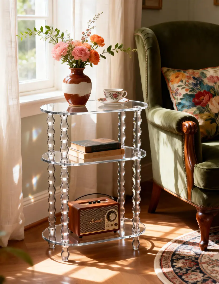 solaround Acrylic Oval Side Table, Narrow 7.8'' | Slim Small End Table with Beaded Legs - view 7