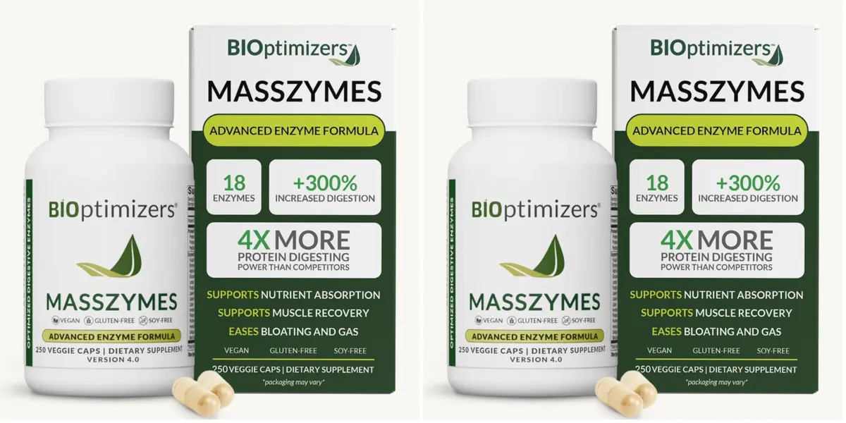 BIOptimizers MassZymes - Complete Digestive Enzymes Supplement for Gut Health - 250 Capsules (Pack of 2) | Bloating Relief & Energy Support - main product image