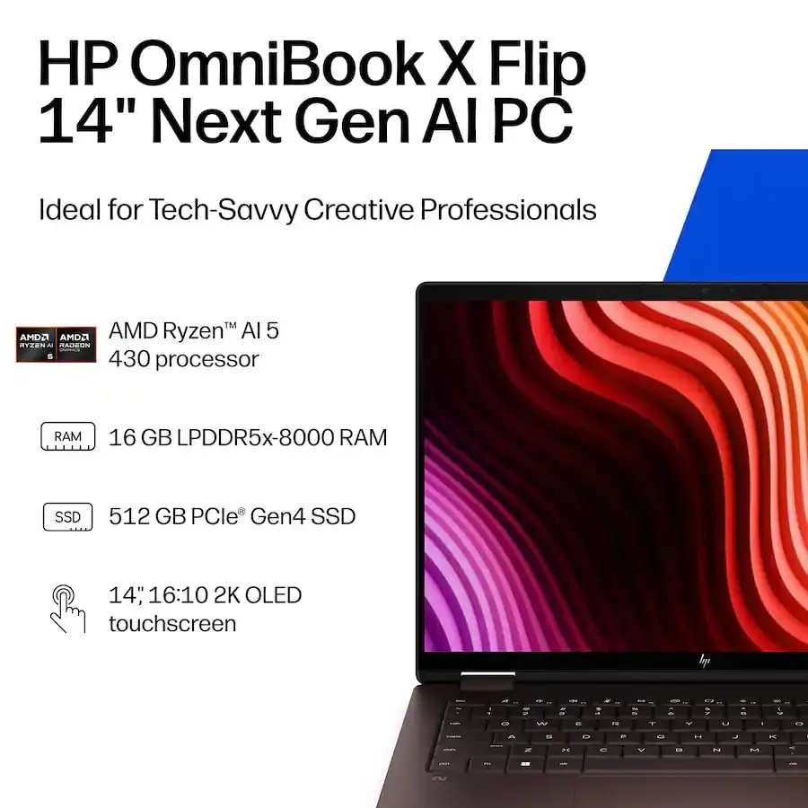 HP OmniBook X Flip 2-in-1 AI Laptop 14" 2K OLED Touchscreen | AMD Ryzen AI 5 430, 16GB LPDDR5X, 512GB SSD, Wi-Fi 7, Win11 - view 3