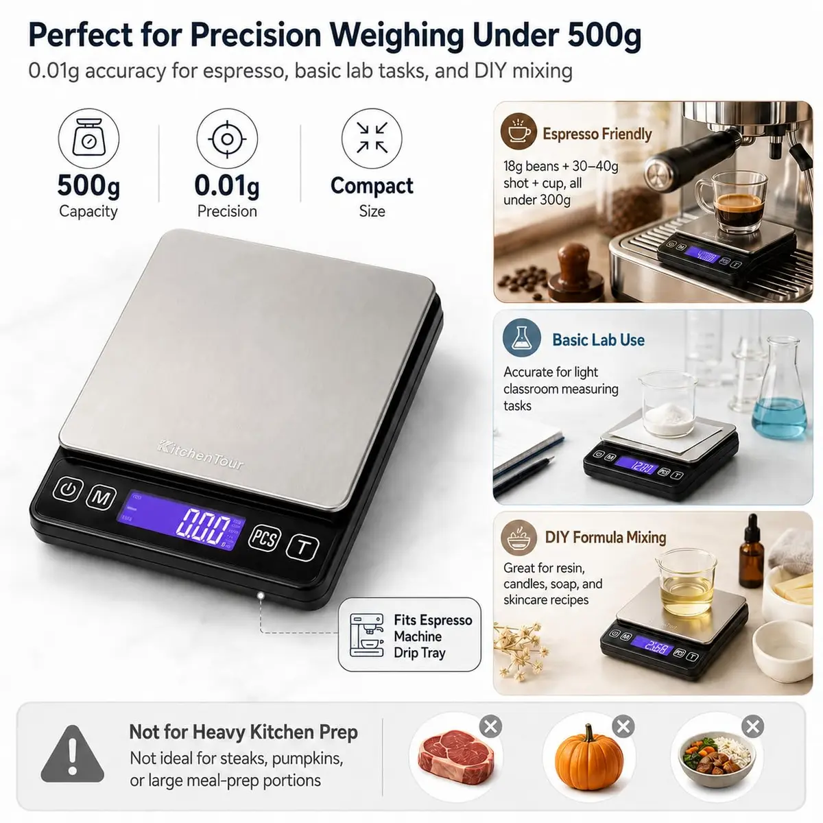 K KitchenTour Black Digital Kitchen Scale 500g x 0.01g (Pack of 2) | Precision Weighing for Coffee, Jewelry, and Ingredients - view 5
