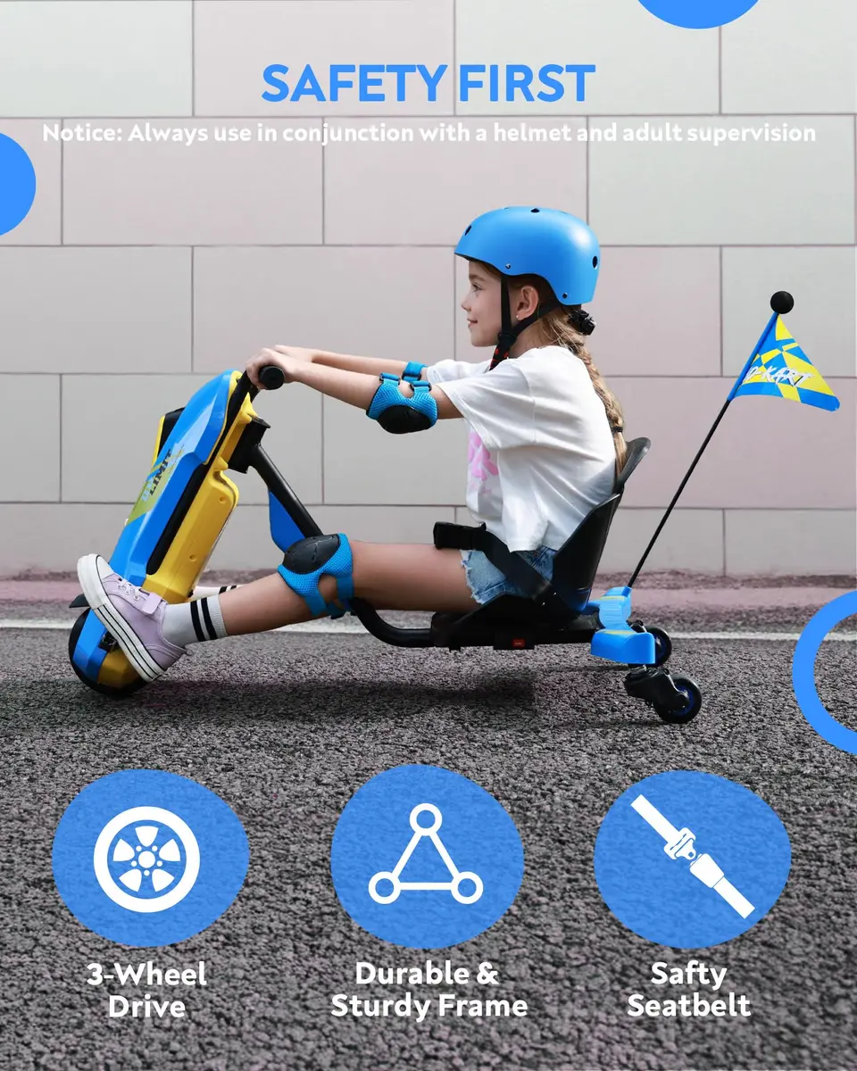 SaveJoy 24V Electric Go Kart for Kids 6-12 | 360° Spin Drift Cart, Blue - view 3