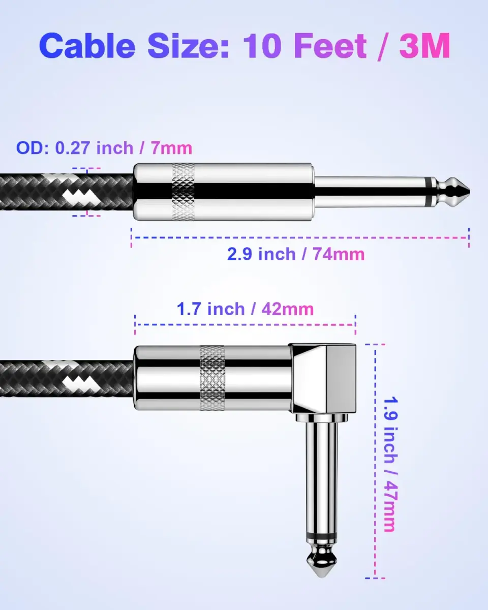 New Bee Guitar Cable 10ft Right Angle to Straight, Black White | Low Noise High Fidelity - view 3