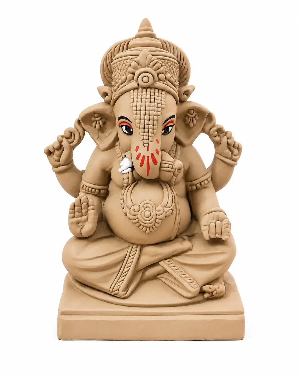 KSI Handmade Ekdant Dagdusheth Ganesh Mukut Idol | Natural Clay Ganesha Murti for Home Temple, Office & Pooja | Eco-Friendly Terracotta Statue | Ganesh Chaturthi Decoration & Gift | 14.5 cm - main product image