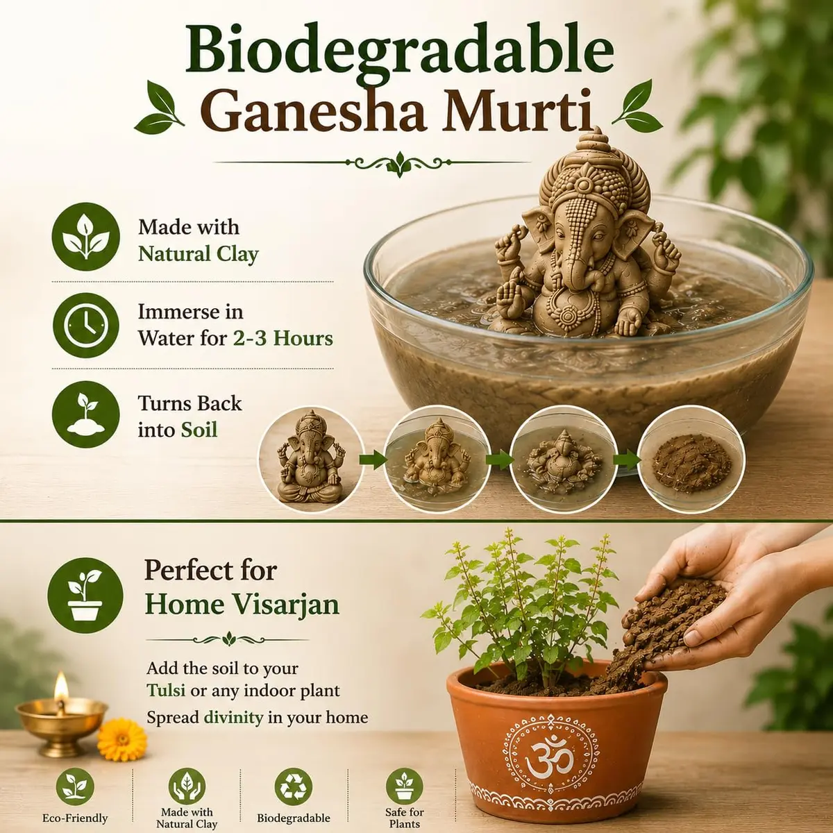 KSI Handmade Ekdant Dagdusheth Ganesh Mukut Idol | Natural Clay Ganesha Murti for Home Temple, Office & Pooja | Eco-Friendly Terracotta Statue | Ganesh Chaturthi Decoration & Gift | 14.5 cm - view 5