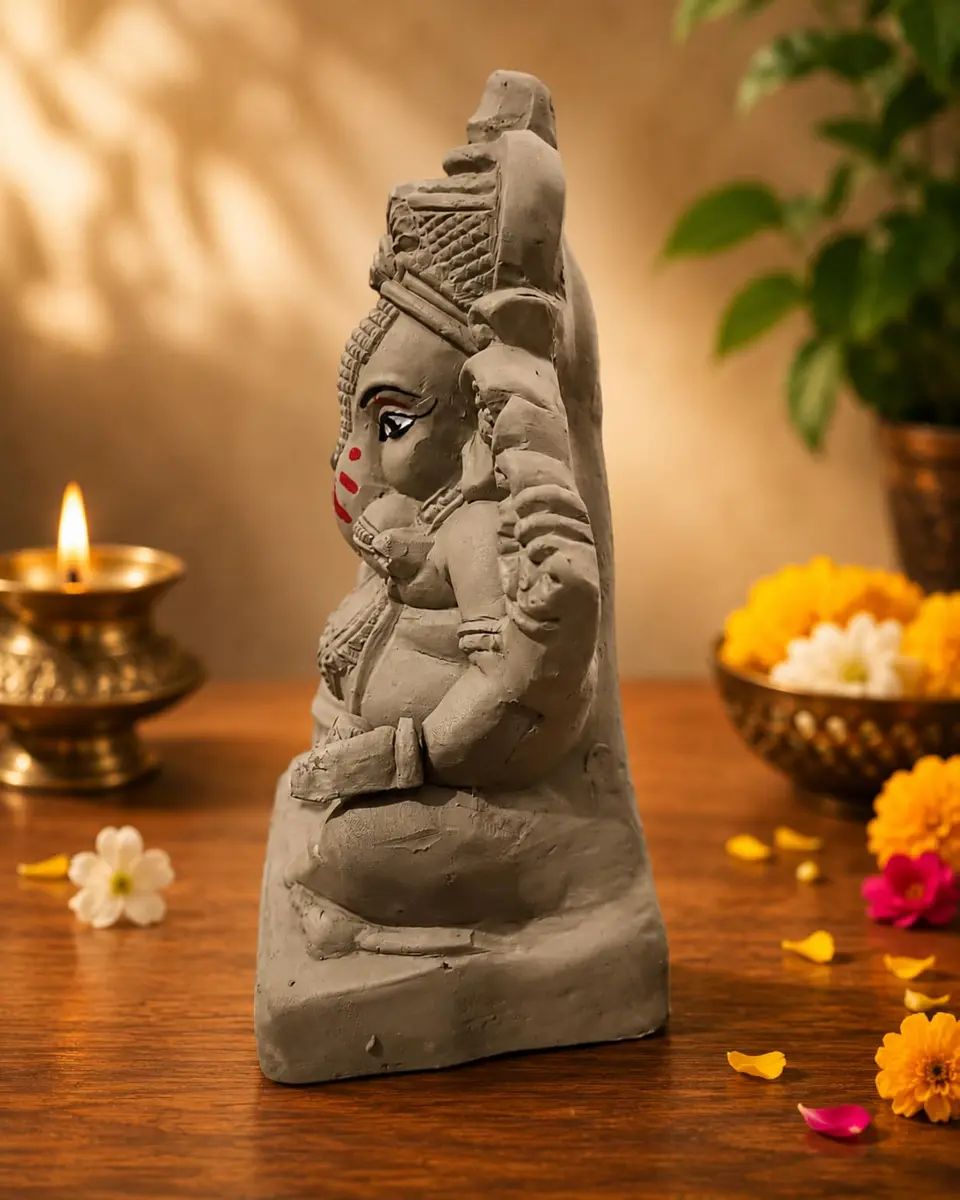 KSI Handmade Ekdant Dagdusheth Ganesh Mukut Idol | Natural Clay Ganesha Murti for Home Temple, Office & Pooja | Eco-Friendly Terracotta Statue | Ganesh Chaturthi Decoration & Gift | 14.5 cm - view 7
