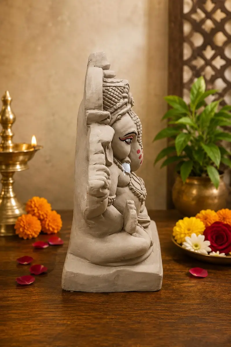 KSI Handmade Ekdant Dagdusheth Ganesh Mukut Idol | Natural Clay Ganesha Murti for Home Temple, Office & Pooja | Eco-Friendly Terracotta Statue | Ganesh Chaturthi Decoration & Gift | 14.5 cm - view 8