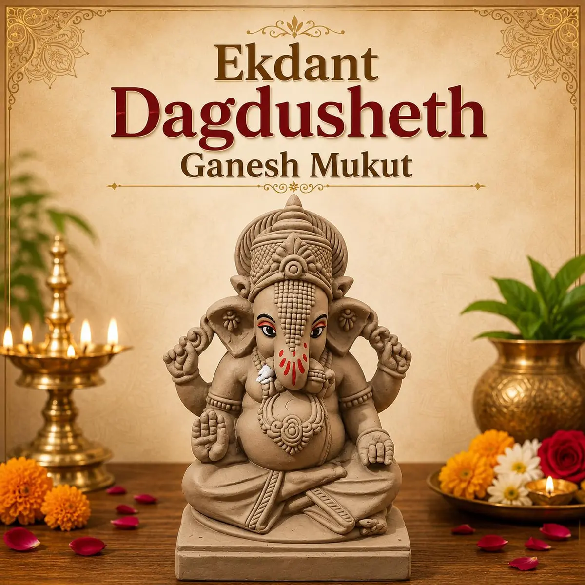 KSI Handmade Ekdant Dagdusheth Ganesh Mukut Idol | Natural Clay Ganesha Murti for Home Temple, Office & Pooja | Eco-Friendly Terracotta Statue | Ganesh Chaturthi Decoration & Gift | 14.5 cm - view 3