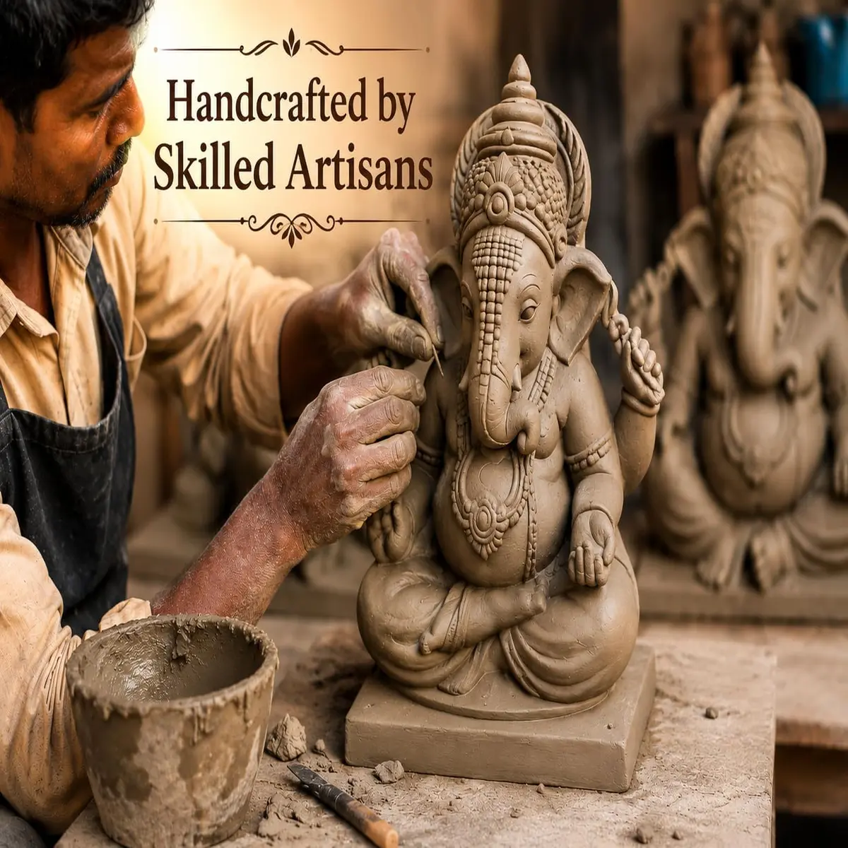 KSI Handmade Ekdant Dagdusheth Ganesh Mukut Idol | Natural Clay Ganesha Murti for Home Temple, Office & Pooja | Eco-Friendly Terracotta Statue | Ganesh Chaturthi Decoration & Gift | 14.5 cm - view 4