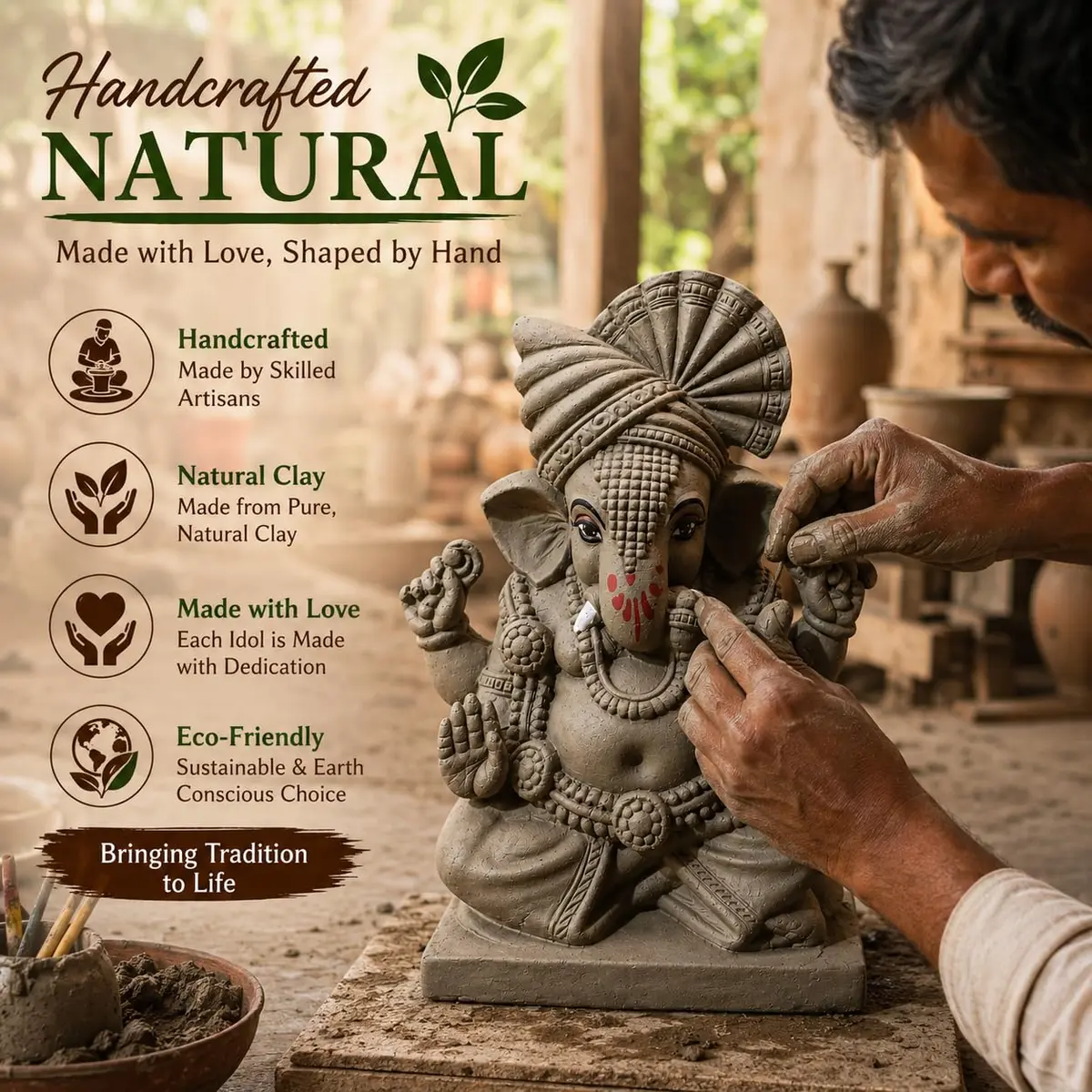 KSI Handmade Clay Ganesh Idol 13.2 cm (5.2 Inch) | Eco-Friendly Mitti Ganpati Murti for Home Decoration - view 6