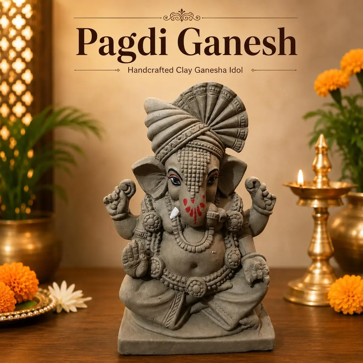 KSI Handmade Clay Ganesh Idol 13.2 cm (5.2 Inch) | Eco-Friendly Mitti Ganpati Murti for Home Decoration - view 2