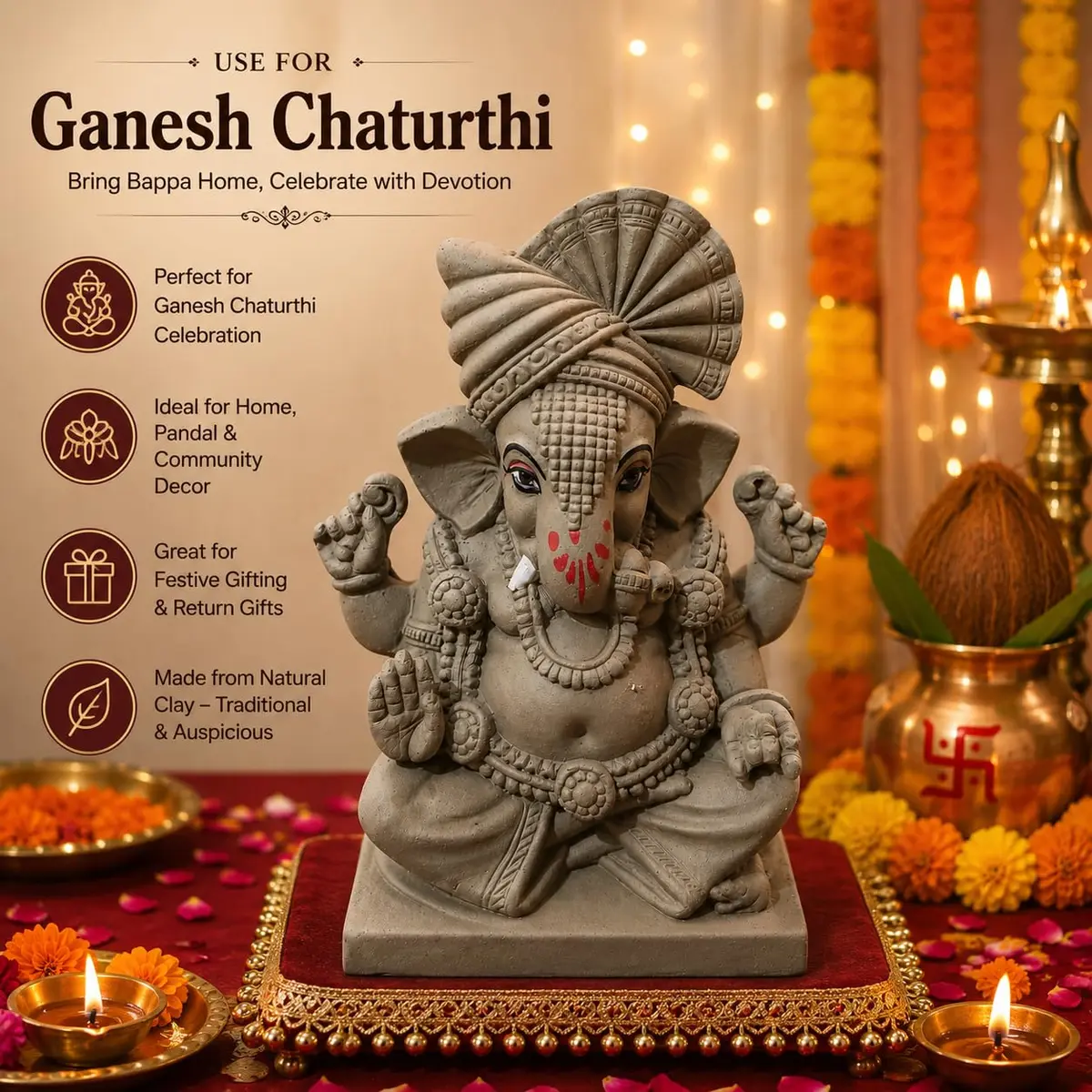 KSI Handmade Clay Ganesh Idol 13.2 cm (5.2 Inch) | Eco-Friendly Mitti Ganpati Murti for Home Decoration - view 3