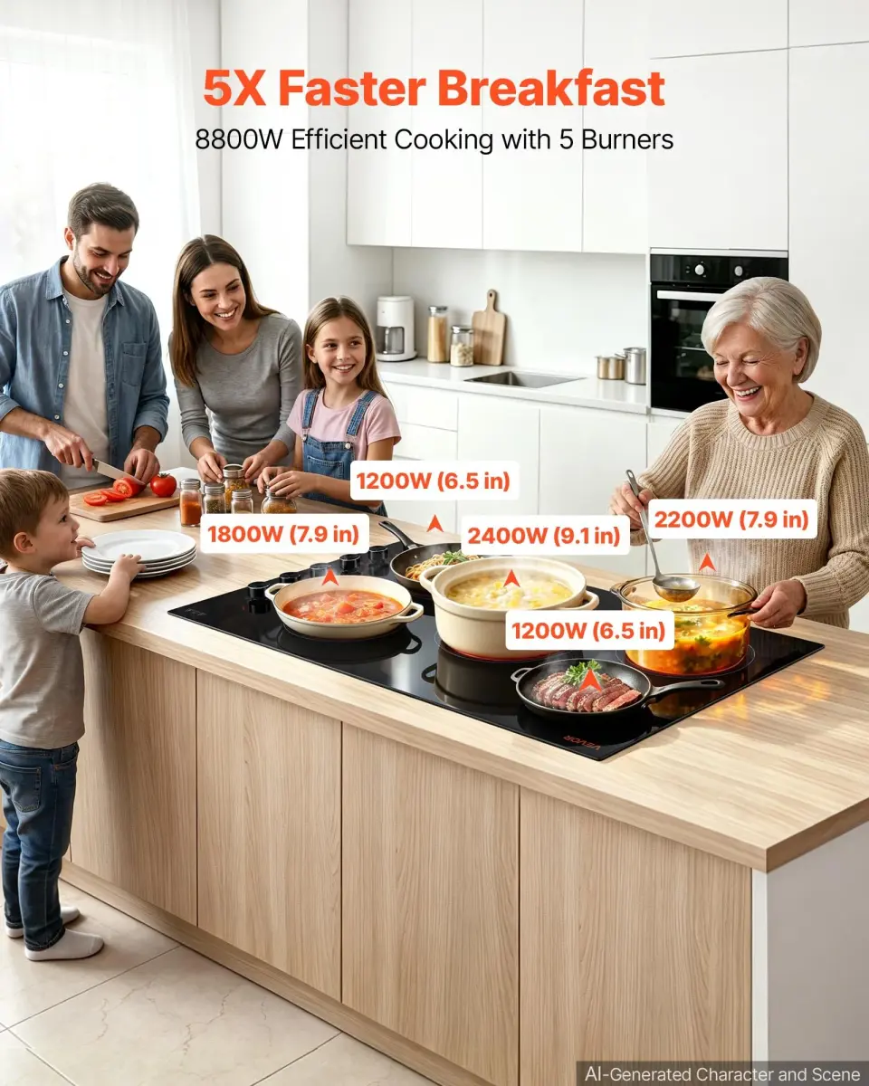 VEVOR 36-inch 5-Burner Electric Cooktop 8800W 220V | Built-in Ceramic Radiant Stove with 11 Heat Levels & Timer - view 2