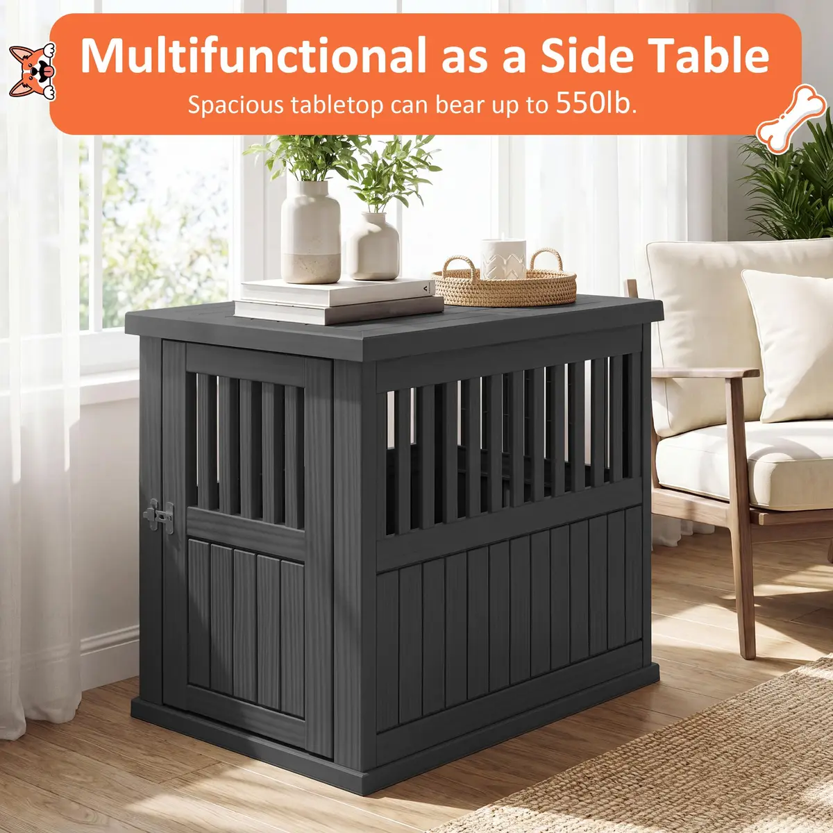 Fancyango Heavy Duty Dog Crate Furniture Lockable Indoor Outdoor Kennel & End Table for Small/Large Dogs Decorative Plastic Pet Crate (Black, 39.4" L x 28.4" W x 32.6" H) - view 5