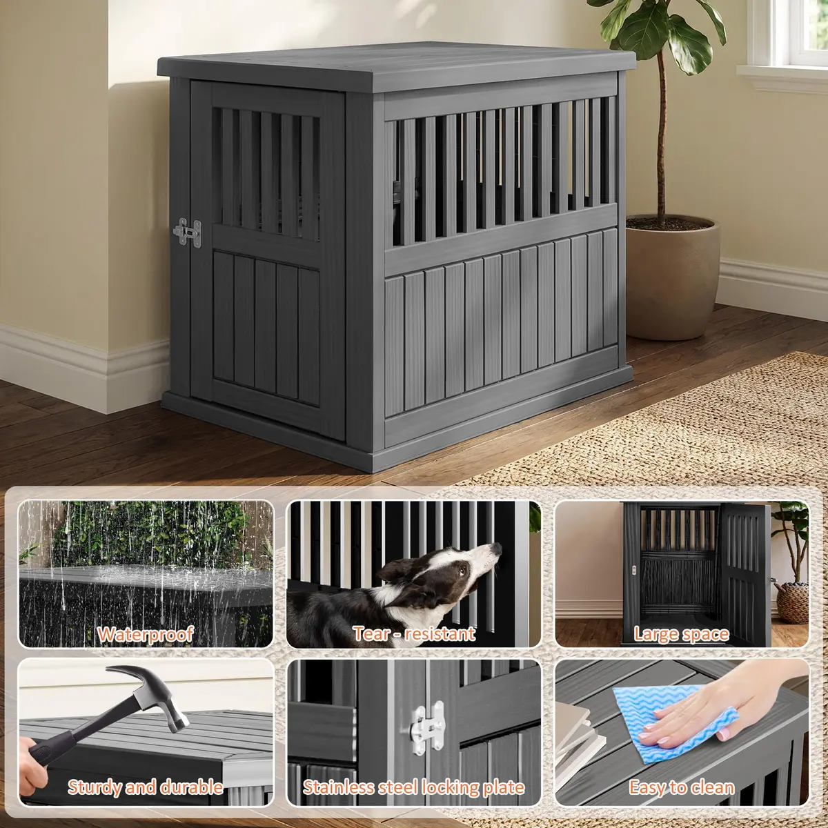 Fancyango Heavy Duty Dog Crate Furniture Lockable Indoor Outdoor Kennel & End Table for Small/Large Dogs Decorative Plastic Pet Crate (Black, 39.4" L x 28.4" W x 32.6" H) - view 7