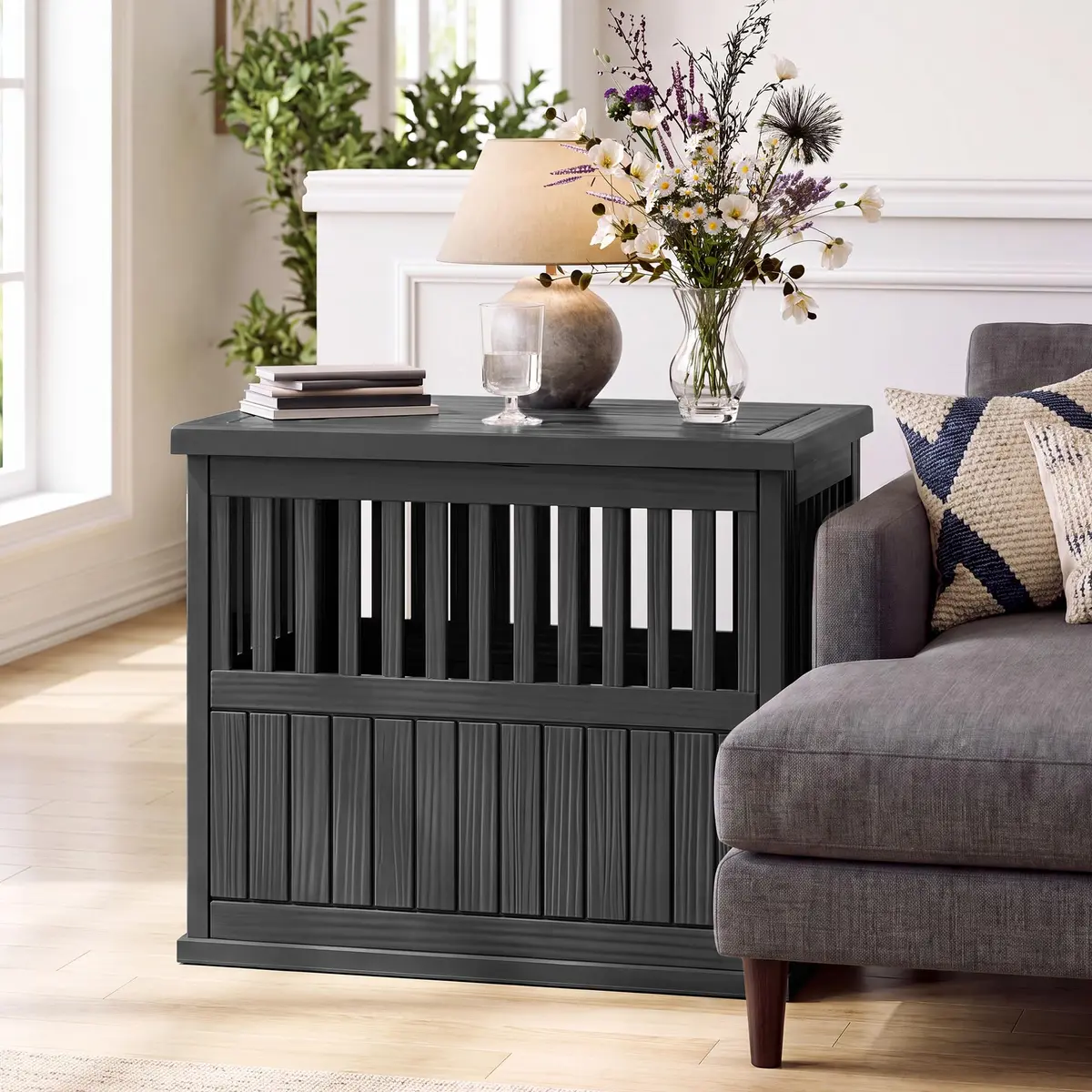 Fancyango Heavy Duty Dog Crate Furniture Lockable Indoor Outdoor Kennel & End Table for Small/Large Dogs Decorative Plastic Pet Crate (Black, 39.4" L x 28.4" W x 32.6" H) - view 8