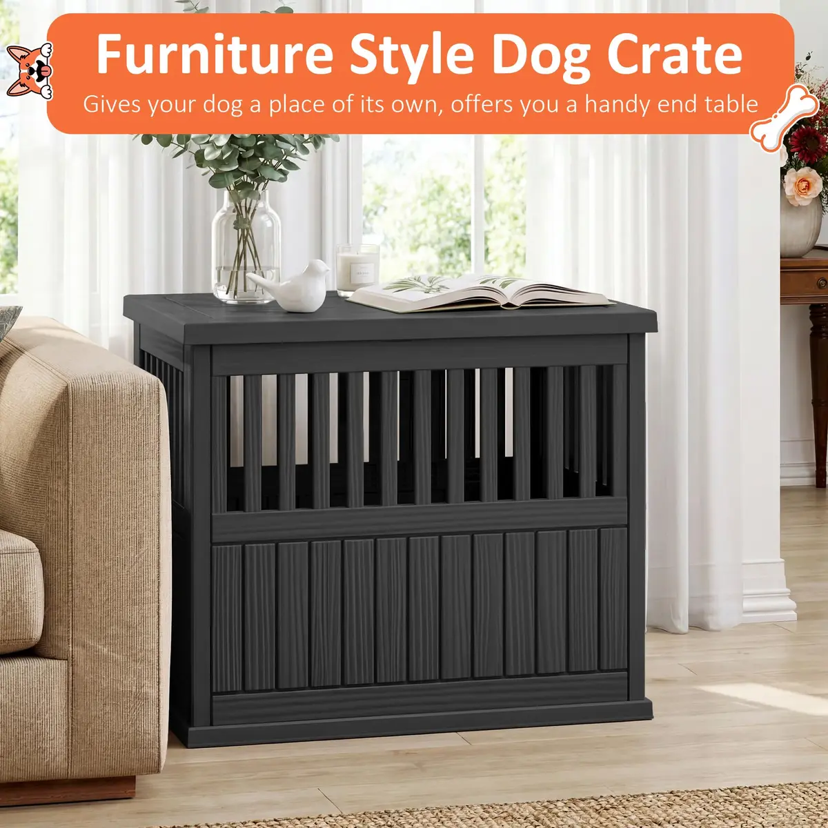 Fancyango Heavy Duty Dog Crate Furniture Lockable Indoor Outdoor Kennel & End Table for Small/Large Dogs Decorative Plastic Pet Crate (Black, 39.4" L x 28.4" W x 32.6" H) - view 2