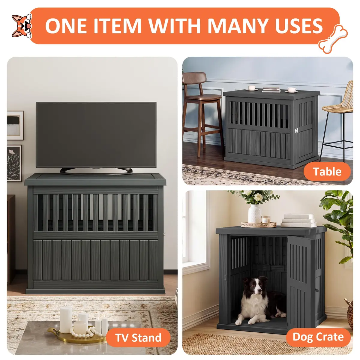 Fancyango Heavy Duty Dog Crate Furniture Lockable Indoor Outdoor Kennel & End Table for Small/Large Dogs Decorative Plastic Pet Crate (Black, 39.4" L x 28.4" W x 32.6" H) - view 4