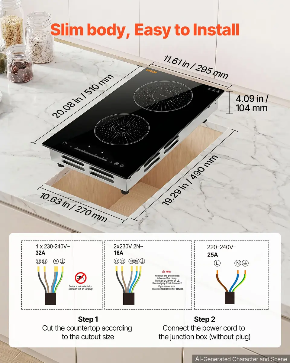 VEVOR 12In 2 Burner Induction Cooktop | 9 Power Levels, Built-in & Countertop, 220V, Easy-Clean Ceramic Glass - view 5