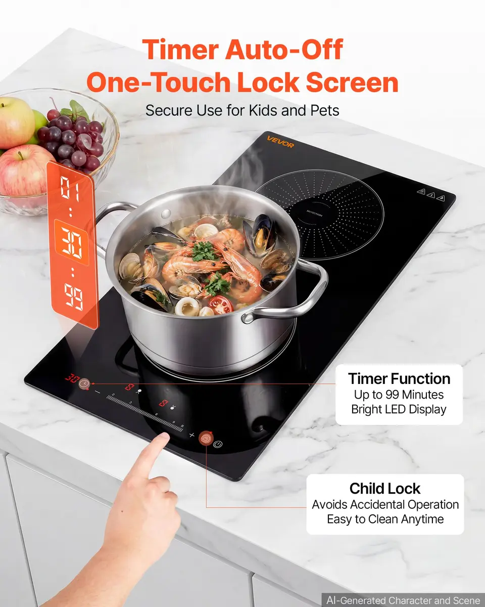 VEVOR 12In 2 Burner Induction Cooktop | 9 Power Levels, Built-in & Countertop, 220V, Easy-Clean Ceramic Glass - view 6