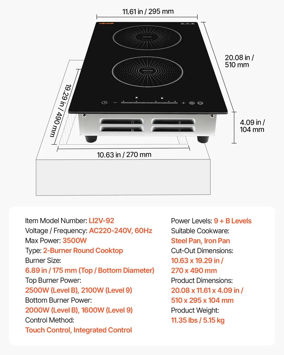 VEVOR 12In 2 Burner Induction Cooktop | 9 Power Levels, Built-in & Countertop, 220V, Easy-Clean Ceramic Glass - view 7