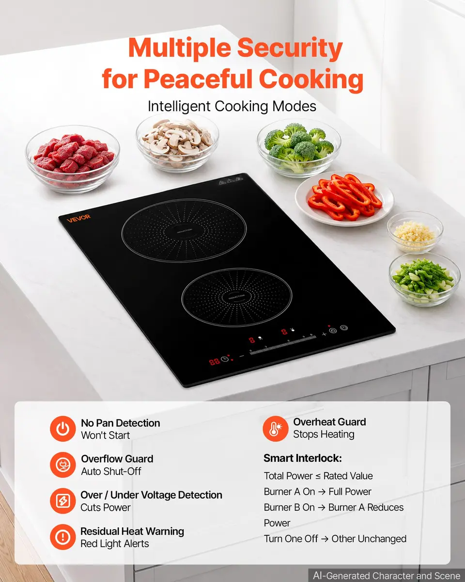 VEVOR 12In 2 Burner Induction Cooktop | 9 Power Levels, Built-in & Countertop, 220V, Easy-Clean Ceramic Glass - view 8