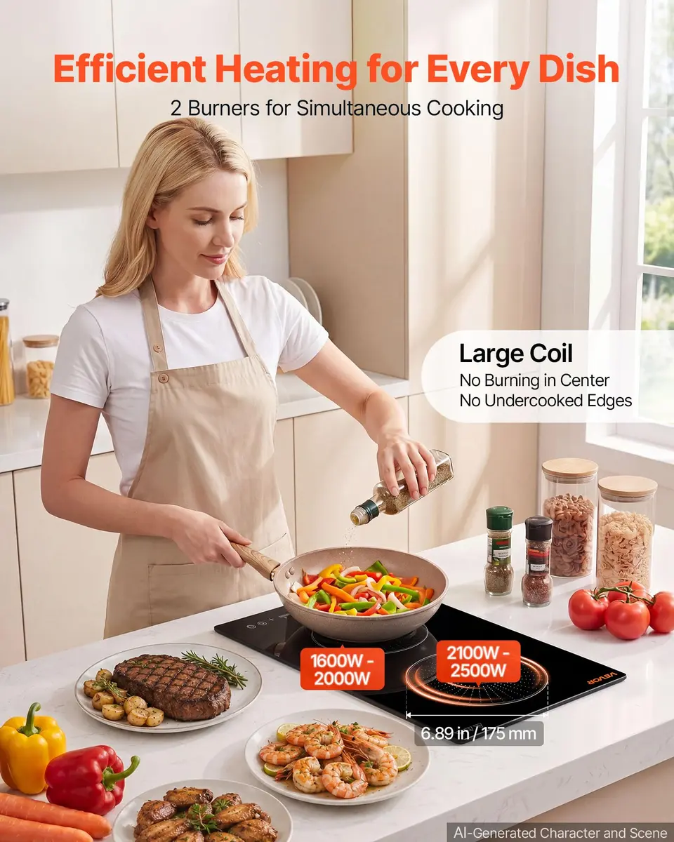 VEVOR 12In 2 Burner Induction Cooktop | 9 Power Levels, Built-in & Countertop, 220V, Easy-Clean Ceramic Glass - view 2