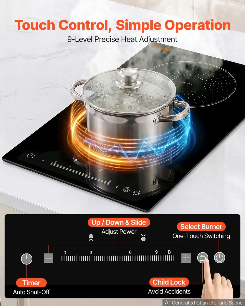 VEVOR 12In 2 Burner Induction Cooktop | 9 Power Levels, Built-in & Countertop, 220V, Easy-Clean Ceramic Glass - view 3