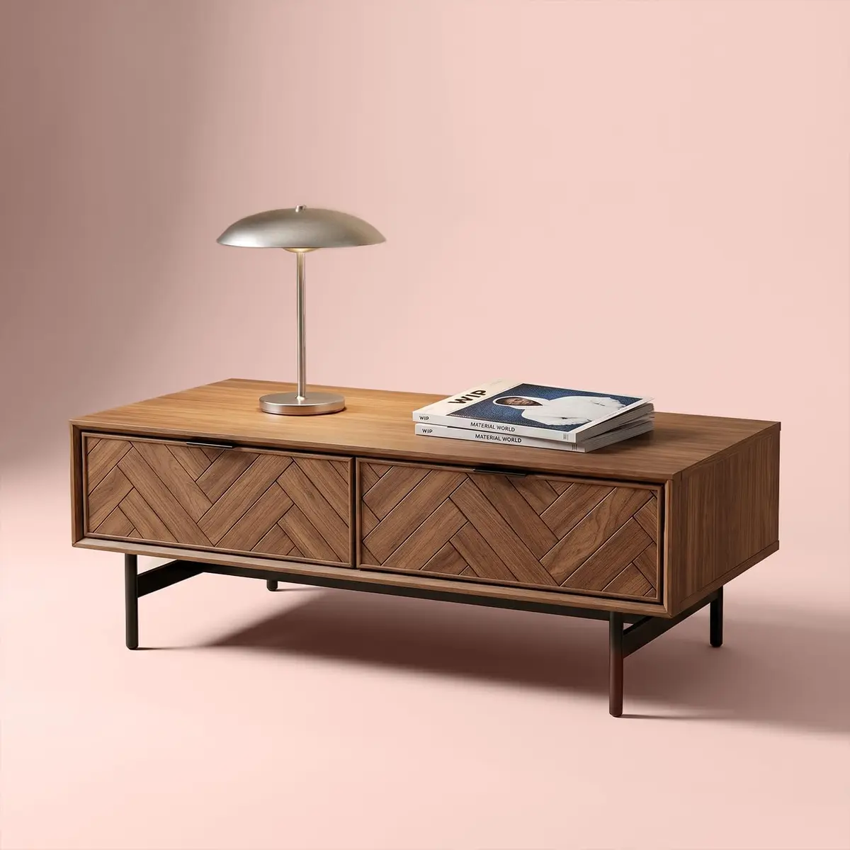 mopio Axis 47" Herringbone Walnut Coffee Table | Industrial Design with Reinforced Metal Legs - main product image