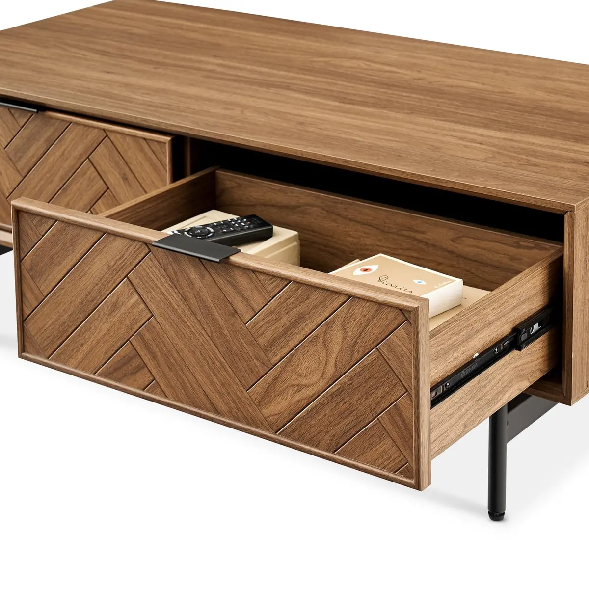 mopio Axis 47" Herringbone Walnut Coffee Table | Industrial Design with Reinforced Metal Legs - view 6