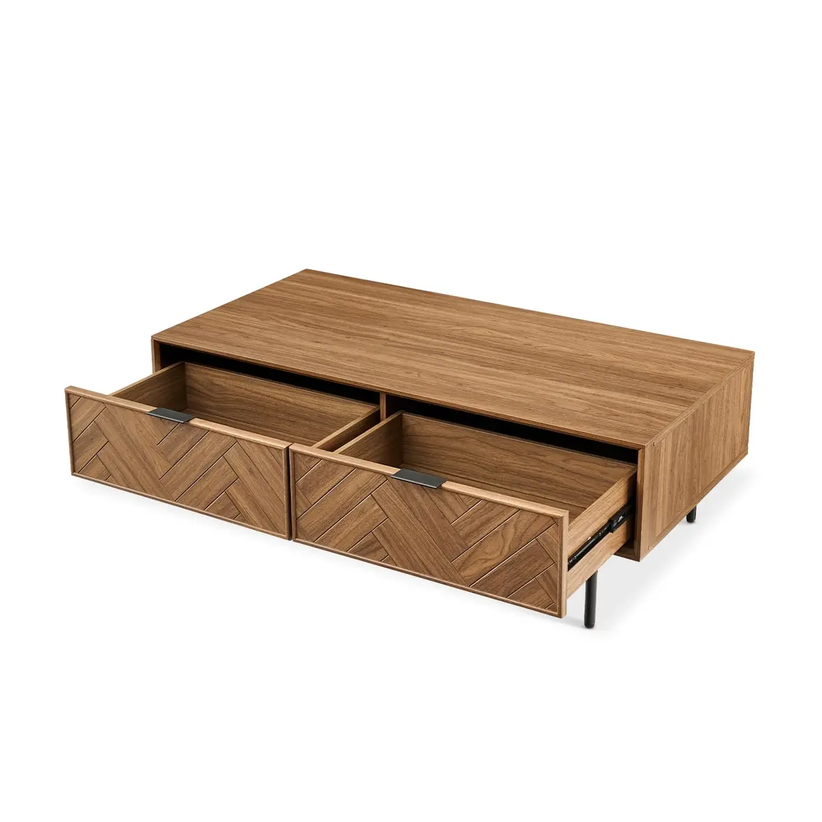 mopio Axis 47" Herringbone Walnut Coffee Table | Industrial Design with Reinforced Metal Legs - view 9
