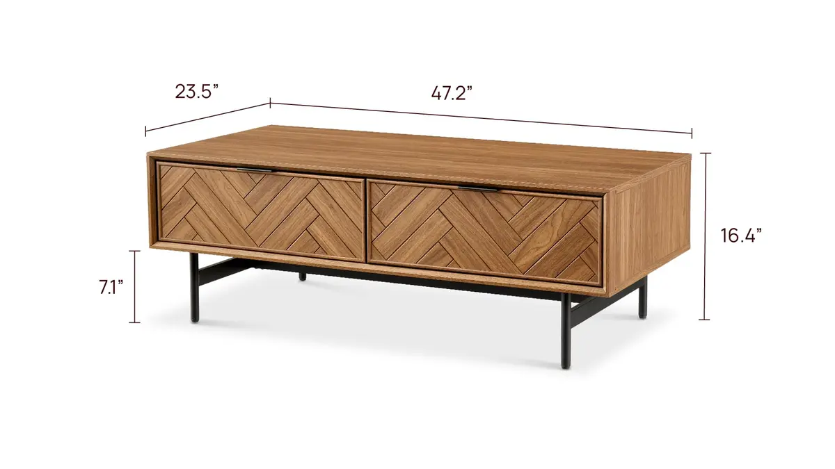 mopio Axis 47" Herringbone Walnut Coffee Table | Industrial Design with Reinforced Metal Legs - view 2