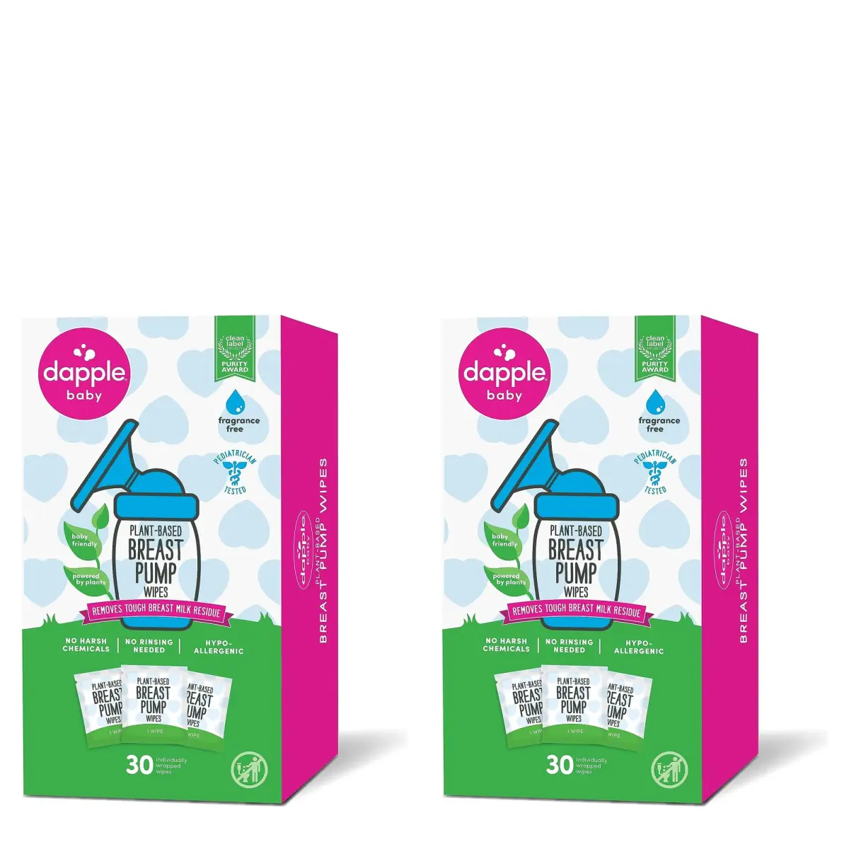 Dapple Baby Breast Pump Wipes Singles 60 Count (2x30) | Hypoallergenic & Plant-Powered for On-the-Go Cleaning - main product image