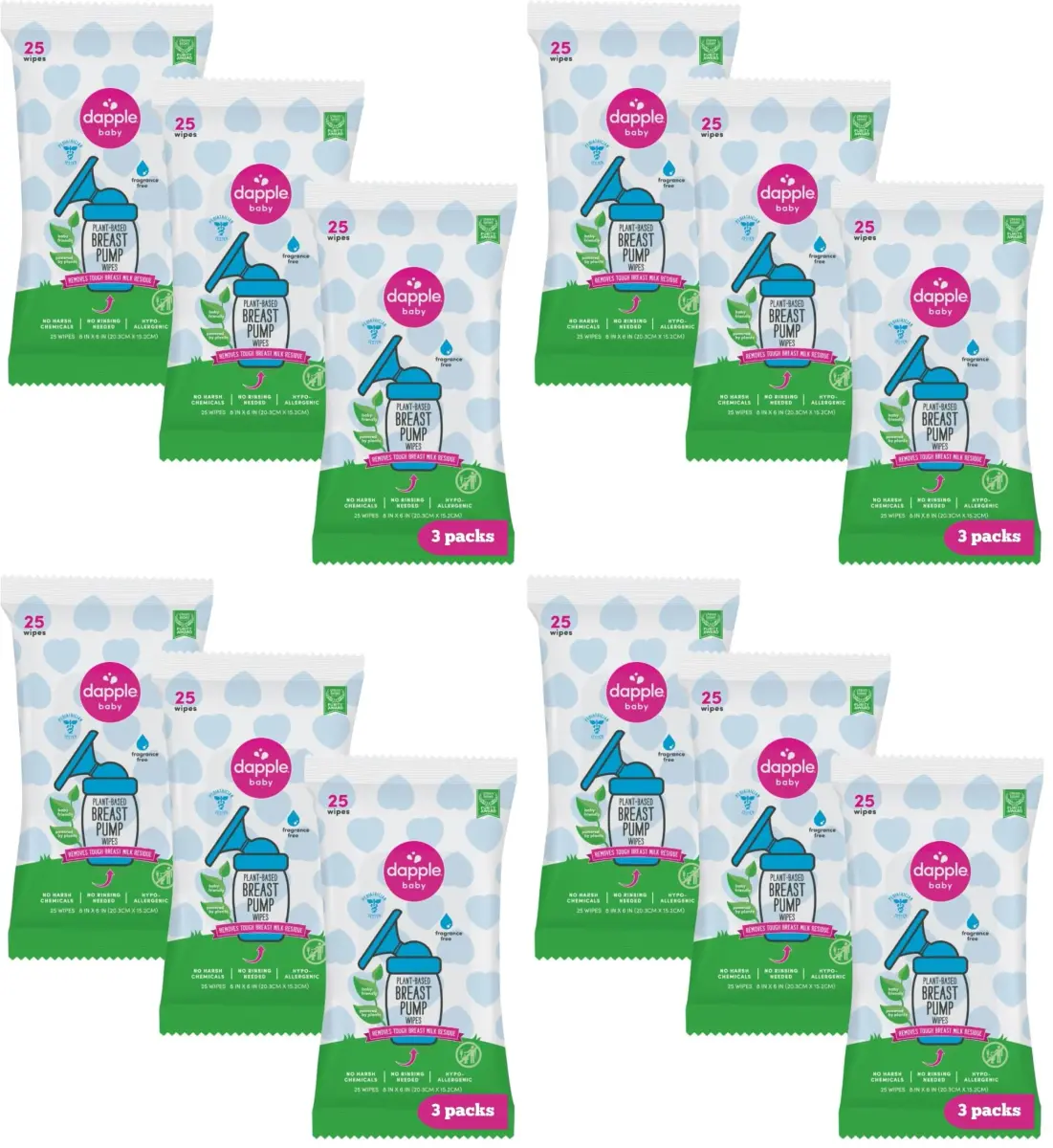 Dapple Baby Breast Pump Wipes - 300 Count (12 Packs of 25) | Plant-Powered & Hypoallergenic for Milk Residue Removal - main product image