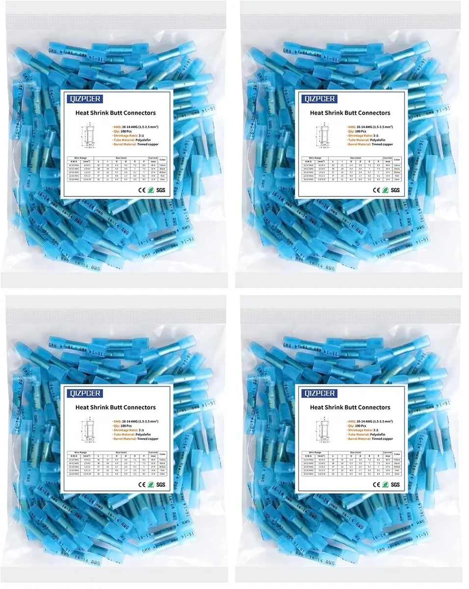 Qizpcer Blue Heat Shrink Butt Connectors 16-14 AWG (400 Pcs) | Waterproof Marine Grade Wire Splice - main product image