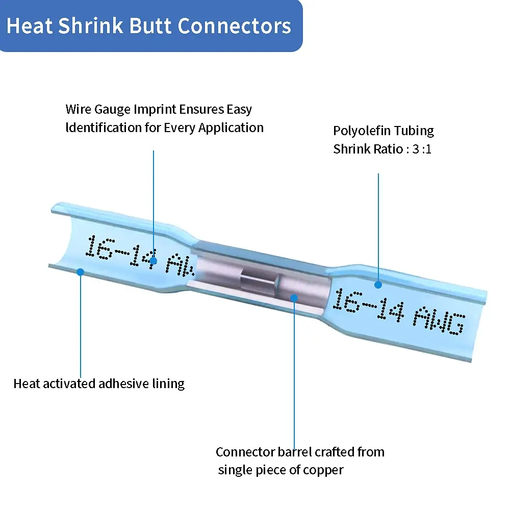 Qizpcer Blue Heat Shrink Butt Connectors 16-14 AWG (400 Pcs) | Waterproof Marine Grade Wire Splice - view 3