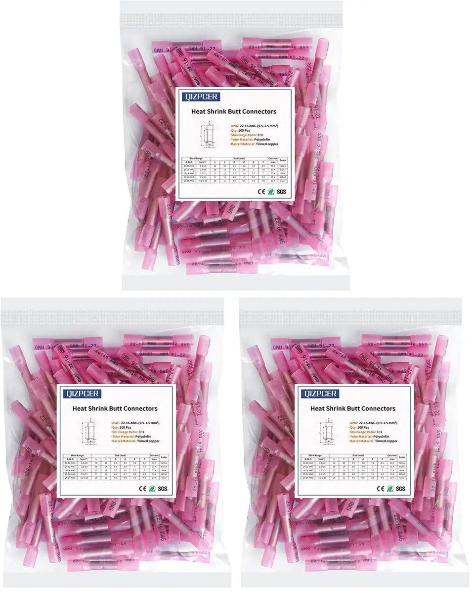 Qizpcer Red Heat Shrink Butt Connectors 22-16 AWG (300 Pcs Total) | Waterproof Marine Grade Electrical Splice - main product image