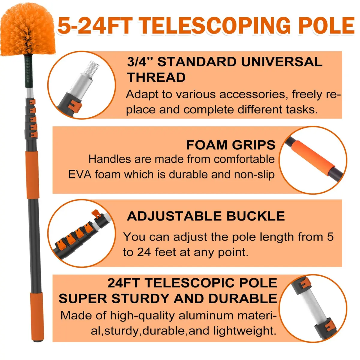 Buyplus Telescoping Cobweb Duster 24FT Extension Pole | Reaches Up To 30+ Feet - view 6